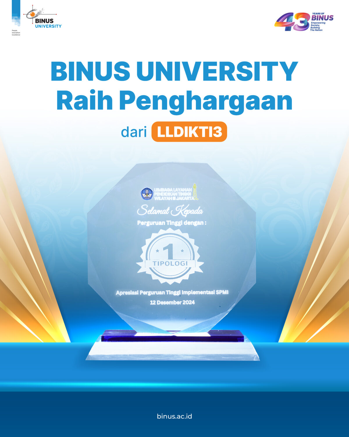 BINUS UNIVERSITY Sabet Penghargaan dari LLDIKTI 3, Bukti Konsistensi Dalam Menjaga Mutu Pendidikan